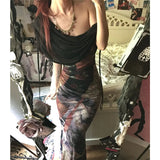 DAIIIBABYYY  -  Y2K Mesh Print Long Dress Women Vintage Sexy Skew Collar Mermaid Maxi Dresses Summer Harajuku Bodycon Trumpet Vestidos New