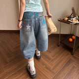 Daiiibabyyy  Fashionable Vintage Letter Star Embroidery Jeans Summer American Loose Women's Clothing Wide Leg Streetwear Denim Capri Pants