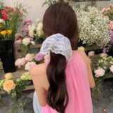 Daiiibabyyy  Girl,s Cute Scrunchies Blue Checkered Lace Double Piece Handkerchief Hair Band Hair Tie Korean Style Hair Tie New Hair Accessory