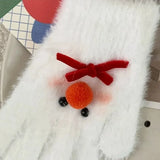 Daiiibabyyy  Winter Warm Sweet Bow Plush Gloves for Women Five-finger Gloves Cartoon Red Nose Snowman Mittens Girls Christmas Friend Gifts
