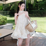 Daiiibabyyy  Vestidos De Mujer Sweet Jacquard Slip Dress Women Skew Collar A-line Summer Ruffled Robe Femme Backless Bandage Dresses