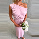 Daiiibabyyy  Off Shoulder Dresses Fashion Women's Diagonal Collar Lace Up A-line Dress Casual Solid Color Sleeveless Party Long Dress
