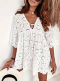 Daiiibabyyy  New Summer Short Sleeved Sexy Hollow Dress Jacquard Embroidery Pleated Women's Party Dress Fashion Bow Tie Up V Neck Loose Dress