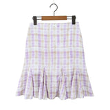 Daiiibabyyy  V-neck Lace-Up Back Camisole With Low-Waist Pleated Plaid Skirt For Women Plaid Top Ruffled Mini Skirt Lace Trim Outfit 046N
