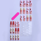 Daiiibabyyy  24pcs Long Coffin Sweet Girl Fake Nail Strawberry Wave Point Flower Printed Press On Nail Dopamine Plaid French Style False Nail