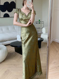 Daiiibabyyy Sexy Backless Satin Midi Dress Women Green Elegant Korean Style Casual Bandage Dress Female Lace Vintage Party Dress Summer