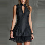 Daiiibabyyy  Casual Sleeveless Hight Waist Dress Sexy Deep V-neck Hollow Out Short Dress Elegant Lace Splicing Solid Color Mini Dress