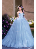 Daiiibabyyy  Blue Light Luxury Applique Wedding Dresses Women Sweetheart Strapless Lace Up Evening Bridal Dress Elegant Prom Party Ball Gown