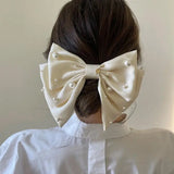 DAIIIBABYYY  -  New Women Girls Sweet Pearl Satin Bowknot Hair Clip Big Ribbon Bow Barrette Solid Color Scarf Hairpin Grip Ponytail Clip