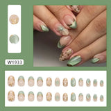 Daiiibabyyy  24pcs Manicure Oval False Nails Green French Fake Nails Detachable Cat Eye Flower Nail Tips DIY