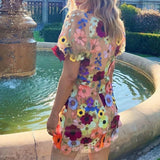 DAIIIBABYYY  -  Fashion Flower Embroidered Short Sleeved Dress Sexy Ladies Deep V Neck Slim Mini Dress Summer Elegant High Waist Party Dresses