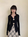DAIIIBABYYY  -  Elegant Women's T-shirt Long Sleeve Korean Fashion Streetwear Button Slim Spring V-neck Autumn Tops Chic Tees Female Y2k