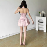 DAIIIBABYYY  -  Barbie Princess Sakura Pink Bow Waist Puffy Skirt Lace Patchwork Sweet Dress Women