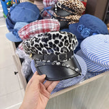 DAIIIBABYYY  -  American Niche Leopard Print Newsboy Hats Women Personality Belt Buckle Design Street Trend Versatile Retro Flat Top Berets Y2k
