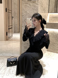 Daiiibabyyy  Black Long Sleeve Chic Ruffled Lace V-Neck Evening Gown Women Elegant Luxury Mermaid Dress Autumn Winter New French Dresses