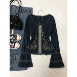 Daiiibabyyy  Y2K Vintage Black T Shirts Women Harajuku Streetwear Lace Floral Crop Tops Summer Sexy Gyaru Grunge Flare Long Sleeve Tees