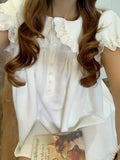 Daiiibabyyy  Sweet Summer Temperament Loose All Match Solid Peter Pan Collar Puff Sleeve Ruffles Dresses