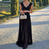 Daiiibabyyy  Lace Deep V-neck Evening Gown Women Dress Elegant Sleeveless High Waisted Solid Long Dress Fashion Embroidery Slim Party Dresses