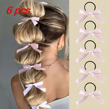 Daiiibabyyy  6 Pcs Ladies' Elastic Hair Bands Set Korean Silk Ribbon Bow Retro Jk Lolita Headwear Hair Ties High-quality Hair Accessories