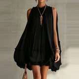 Daiiibabyyy  Elegant O-neck Solid A-Line Summer Dress Fashion Hight Waist Sweet Style Party Dresses Short Sleeve Pleated Mini Dress For Women