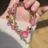 Daiiibabyyy  Bohemian Pink Waterdrop Handmade Beaded Flower Pendant Necklace Sweet Summer Girl y2k Jewelry