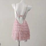 Daiiibabyyy  Pink Sweet Nightgowns Gauze Mesh Slim Waist Thin Fluffy Cake Dress Women's Sleepwear Suspender Fishbone Nightdress Home Clothes