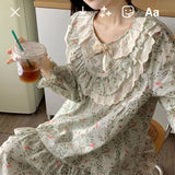 Daiiibabyyy  New Korean Sweet Style Lace Pajamas for Women Autumn Floral Bow Loose High-end Comfortable Temperature Home Wear Set