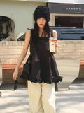 DAIIIBABYYY  -  Chic Summer Retro Age Reducing Square Neck Versatile Slimming Patchwork Black Fungus Edge Skirt Sleeveless Vest Shirt