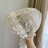 Daiiibabyyy  Korean French Lace Jacquard Strap Sun Hat Spring and Summer Thin Breathable Mesh Vacation Sunshade Pullover Beanie Cap for Women