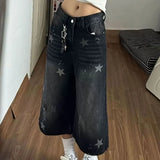 Daiiibabyyy  Women's Clothing American Retro Star Printed Jeans Fashion Ripped Summer Streetwear High Waist Loose Casual Straight Capri Pants