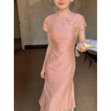 DAIIIBABYYY  -  Elegant Chinese Dress For Women Summer Youth Style Stand Collar Long Soft Dress New Chinese Zen Style Cheongsam