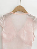 DAIIIBABYYY  -  Spicy Girl Retro Mesh See-through Bow V-neck Flying Sleeves T-shirts Women's Summer Pure Desire Style Butterfly Pullover Tops