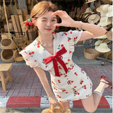 DAIIIBABYYY  -  Summer Fashion Small Girl Red Cherry Print Doll Dress Women Cute Bow Slim Mini Shirt Dress Holiday Sleeveless Short A Line Skirt