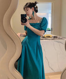 DAIIIBABYYY  -  Korean Summer Square Collar Pocket Design Bubble Sleeve Dress For Women French Minimalist Style Slash Neck Sling Length Dresses