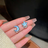 Daiiibabyyy  New Sparkling Asymmetric Star Earrings for Women Waterdrop Tassel Chain Moonstone Planet Star Y2K Jewelry Gifts