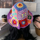 Daiiibabyyy  Wind Flower Handmade Wool Crochet Bucket Hat Women's Big Brim Retro Grandmother Grid Splicing Crochet Bucket Hat