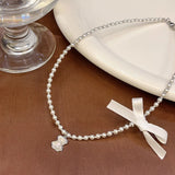 DAIIIBABYYY  -  Elegant Creative Korean Version Small Bear Pearl Bowknot Choker Necklace for Women Ins Trendy Sweet Cool Female Accessories