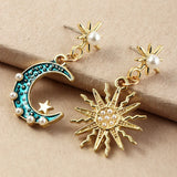 Daiiibabyyy  Fashion Mirco Inlaid Pearl Enamel Blue Moon Sun Asymmetrical Earrings Women Personalized Jewelry Beach Holiday