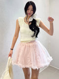 DAIIIBABYYY  -  Korean 2025 Chic Summer Sweet Temperament Patchwork Fungus Lace High Waist Versatile Fluffy Mesh Short Skirt Women