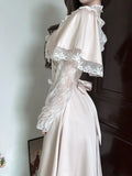 Daiiibabyyy  Sweet Elegant Vintage Lolita Dress Women Lace Capelet Long Sleeve Bow Lace Up Ruched Waist Slim Fit Long Dress Elegant Outfit
