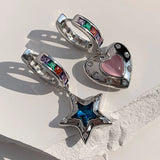 Daiiibabyyy  Vintage Heart Star Zircon Drop Dangle Earrings for Women Girl Y2K Asymmetric Pentagram Love Fashion New Jewelry Lady Gift Party
