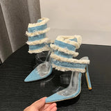 Daiiibabyyy  Shoes Woman Design Denim Ankle Snake Surround Strap Sandalias De Mujer Transparent PVC Ladies High Heels Party Stripper Pumps