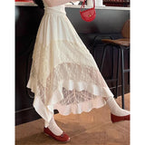 Daiiibabyyy  Irregular Sweet Lace Midi Skirt Women High Waisted Ruffled Pleated Skirt Preppy Style Summer Vacation Beach Tiered Cake Skirt