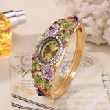 Daiiibabyyy  Rich In Flowers Vintage Watch Rhinestone Bracelet Round Dial Quartz Watch Crystal Jewelry Versatile Design