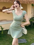 DAIIIBABYYY  -  Women Green Knitted Short Sleeve O-Neck Mini Dress Summer Pleated Bodycon Hip Wrap Dress 2025 Korean Fashion Casual Party Dress