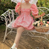 DAIIIBABYYY  -  Pure Desire Sweet and Fresh Summer Lolita Spliced Slash Neck Printing Folds Slim Fashion Elegance Casual Puff Sleeve Dresses