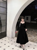 Daiiibabyyy  Vintage Elegant Velvet Long Dress for Woman Autumn New Square Collar Puff Sleeves A Line Party Dresses Party Evening Vestidos