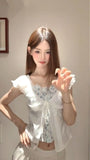 Daiiibabyyy  White Slim Korean Artistic Cute Milk Top Women Summer Contrasting Color Splicing Fake 2 Piece Floral Short Sleeve Shirt