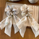 Daiiibabyyy  1PC Chiffon Scrunchies with Bow & Pearl: Watercolor Print Hair Ties for Women, Elegant Hair Accessories for Daily & Party Looks