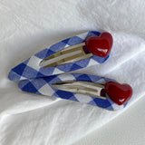Daiiibabyyy  1PC Cute Blue And White Plaid Hair Clips With Red Heart Decor, 2 - Piece Sweet Hairpins, Lovely Hair Accessories For Girls